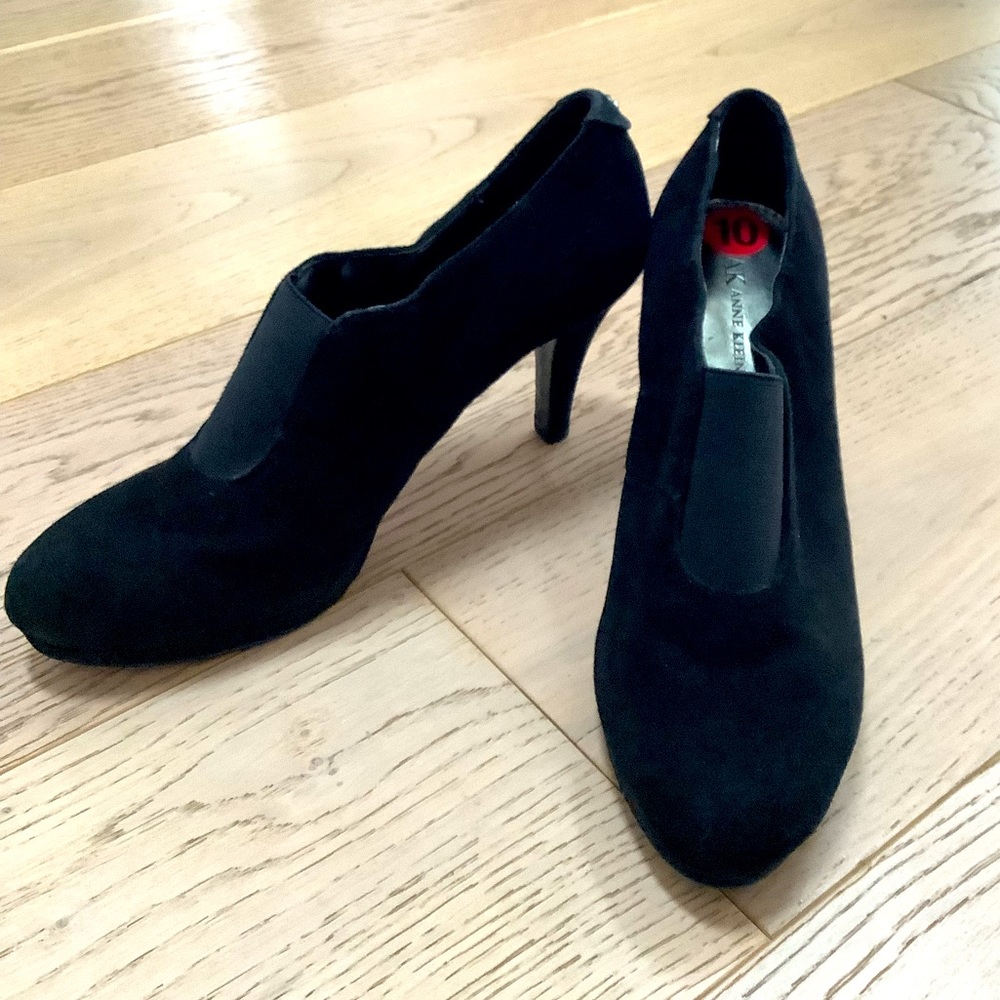 Anne Klein Black Suede Slip-On Ankle Booties